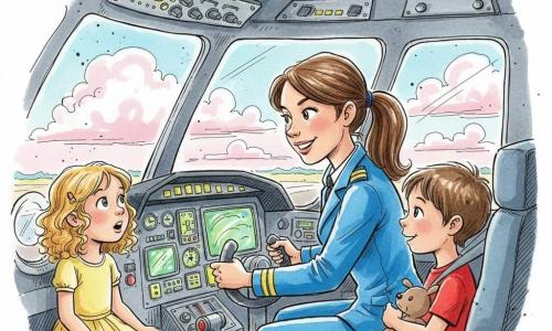 A smiling but focused female pilot with chestnut hair in a ponytail, wearing a bright blue uniform with silver buttons, hands on the yoke and leaning toward the instruments with a reassuring, determined expression; a 7‑year‑old girl with curly hair in a yellow dress sits at a left window, eyes wide with wonder; a 6‑year‑old boy with short brown hair in a red T‑shirt sits opposite her, strapped in and clutching a small stuffed toy; detailed cockpit with lit panels, green and blue screens, metal levers and a control yoke, round windows showing cottony clouds, outside a runway below and a pastel sky with pink and white clouds; calm landing after a minor technical issue, serene and safe atmosphere, soft light, vivid contrasting colors; style: fine ink lines, color wash and watercolor textures, childlike yet tidy strokes.