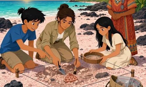 A focused, serene female archaeologist with tanned skin and brown hair in a bun, wearing a light khaki jacket and rolled beige pants, kneels in a marked excavation square on pale pink coral sand, holding a small trowel and fine brush; to her left Kio (about 12), curious and smiling with black hair in a ponytail and a blue t‑shirt, points at a small reddish pottery tessera decorated with triangles; to her right Tala (about 11), serious but amazed with long black hair in a cream dress, gently uses a wooden sieve beside a sample bag; an older woman Lani, calm and attentive with dark skin, braided gray hair and a colorful traditional dress, stands back near the palm trees guiding with a kind smile; nearby tools (brush, trowel, sieve, camera) are lined up, a pottery fragment on a cushion is visible, dark rocks dot the beach, turquoise sea on the horizon and a dusky sky casting soft golden light.