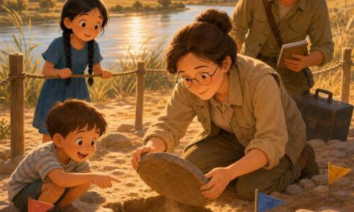 A focused, gentle female archaeologist in her forties with fair skin, brown hair in a bun and round glasses, kneeling in a dusty beige jacket and brushing aside a recently lifted stone lid to reveal a small round seal with a floral engraving, smiling shyly; her assistant Sam, about 30, short hair and light beard in khaki field clothes, stands slightly behind holding a toolbox and notebook; an 8‑year‑old village girl with black braided hair and a simple blue dress watches in wonder behind a rope while a 6‑year‑old boy in a striped T‑shirt crouches and excitedly points; the scene on a shining riverbank with honey‑colored rolling hills, tall grasses, scattered flat stones and warm orange late‑afternoon light, dust motes, colorful marker flags planted nearby and a camera set on the sand, calm respectful atmosphere, warm ochre‑honey‑blue palette, smooth textures and clear, child‑friendly composition.