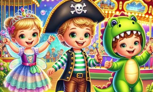 In the center of the scene, Benny, a three-year-old boy, wears a shiny pirate hat and a striped shirt. He brandishes a small plastic sword with a big smile. To his right, Lily, a three-year-old girl, is dressed in a sparkling fairy dress with colorful wings. She joyfully dances while waving her magic wand. On the left, Max, a three-year-old boy, is disguised as a dinosaur in a green costume with a large tail. He pretends to roar while jumping in place. The setting is a vibrant carnival, with colorful stalls decorated with fairy lights and multicolored balloons. In the background, a large stage with twinkling lights and applauding spectators can be seen. Rides spin joyfully, and bubbles float in the air, adding a magical touch to the atmosphere. The three friends are participating in a costume contest on stage, dancing and having fun together, surrounded by laughter and applause. They are on a quest to find hidden treasure, making the scene even more exciting and lively.