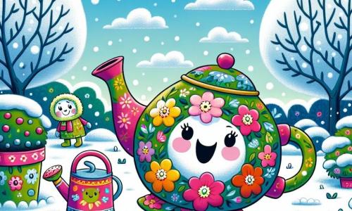 Tilly, eine bunte Teekanne mit einem lächelnden Gesicht, springt voller Freude in einem verschneiten Garten, umgeben von sanft fallenden Schneeflocken. Sie hat ein lebhaftes florales Design mit leuchtenden Farben, die im Kontrast zum weißen Winterlandschaft stehen. Greta, die Gießkanne, steht neben ihr, mit einem warmen Lächeln und funkelnden Augen, während sie Blumentöpfe mit Erde füllt, um den Garten für den Frühling vorzubereiten. Simon, die Schaufel, steht etwas weiter weg und hebt Schneehaufen mit einem entschlossenen Ausdruck im Gesicht. Der Garten ist ein wahres Winterwunderland, mit schneebedeckten Bäumen, sanft geformten Sträuchern und kleinen Tierspuren im Schnee. Der Himmel ist strahlend blau, durchzogen von fluffigen weißen Wolken. Die Hauptsituation zeigt Tilly und ihre Freunde, die fröhlich daran arbeiten, den Garten für den Winter vorzubereiten, während sie lachen und Geschichten erzählen, was eine Atmosphäre von Kameradschaft und Glück schafft.