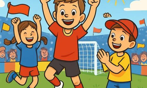 Een jonge man, Tim, staat in het midden van de afbeelding, glimlachend met sprankelende ogen van opwinding. Hij draagt een felrode voetbalshirt, een zwarte short en witte sportschoenen, terwijl hij een doelpunt viert met zijn armen in de lucht. Aan zijn rechterkant staat een meisje met bruin gevlochten haar, ongeveer 10 jaar oud, in een blauwe t-shirt en shorts. Ze springt van blijdschap met haar armen in de lucht en een grote glimlach op haar gezicht. Aan zijn linkerkant staat een jongen met een rode pet, ook ongeveer 10 jaar oud, die enthousiast applaudisseert, met trotse ogen. De achtergrond is een groen voetbalveld, omringd door enthousiaste toeschouwers in de tribunes, die gekleurde vlaggen en spandoeken omhoog houden. De lucht is blauw met enkele witte wolken, en de zon schijnt, wat een vrolijke sfeer aan de scène toevoegt. De hoofdactie toont Tim die zijn overwinning viert na het scoren van een beslissend doelpunt, omringd door kinderen die hem bewonderen en zijn vreugde delen, wat een sfeer van kameraadschap en passie voor voetbal creëert.