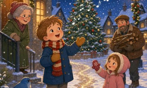 A shy, joyful 6-year-old boy with a round, rosy-cheeked face and tousled light brown hair wears a mustard-blue coat, red-and-white striped scarf and wool mittens; he sings softly with mouth open, bright eyes and a gentle smile. To his left, Mrs. Willow, about 70, with gray hair in a bun, an olive coat and red hat, smiles from her doorstep with one hand on the railing. In the right background, Mr. Brown, about 50, bearded in a brown jacket and cap, carries logs and nods at the boy. In front of the boy near his feet, 4-year-old Mia in a pink hooded coat and matching mittens holds up a recovered mitten. A small blue bird perches on a low fir branch with a few flakes on its feathers. Setting: a snowy village square at night with glistening snow-covered cobbles, retro lampposts with golden garlands, stone houses with lit windows and a large decorated fir. The boy sings under falling flakes, white musical notes float in the air, neighbors listen and smile, and a glittering path in the snow leads to his house, creating a warm, magical atmosphere of deep blues, warm golds and rich reds.