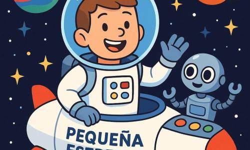 Un hombre llamado Tomás, sonriente y entusiasta, lleva un traje espacial blanco y un casco brillante. Está de pie dentro de su pequeña nave espacial, la Pequeña Estrella, con estrellas centelleantes visibles a través de la ventanilla. A su lado, un pequeño robot llamado Roli, con ojos redondos y brillantes, se encuentra sobre un panel de control. Roli es de metal plateado y tiene una mano articulada, parece curioso y amistoso. La escena transcurre en el espacio, con un fondo lleno de planetas coloridos, estrellas brillantes y un hermoso cielo negro. Tomás y Roli están conversando alegremente, mientras la Pequeña Estrella flota suavemente cerca de un planeta de colores vivos, azul, verde y rojo, que emerge en la inmensidad del universo.