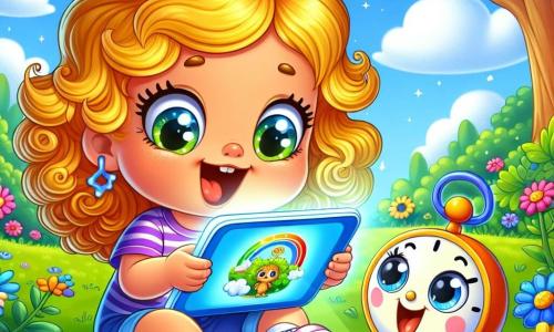 Een klein personage, een meisje met krullend, goudkleurig haar en een grote verwonderde glimlach, zit op het groene gras met een verlichte tablet voor zich. Haar ogen stralen van nieuwsgierigheid terwijl ze een kleurrijk educatief spel op het scherm ontdekt. Naast haar staat een sprekende klok met een vriendelijke gezicht en bewegende wijzers op de grond. Ze heeft een blije en aanmoedigende uitdrukking, alsof ze klaar is om het meisje te helpen leren terwijl ze speelt. De plek is een zonnige tuin, gevuld met schitterende bloemen in felle kleuren, met majestueuze bomen op de achtergrond en een blauwe lucht bezaaid met pluizige witte wolken. De hoofdscene toont het meisje dat verdiept is in haar spel op de tablet, omringd door de schoonheid van de natuur, wat de balans tussen de digitale wereld en de echte wereld illustreert.