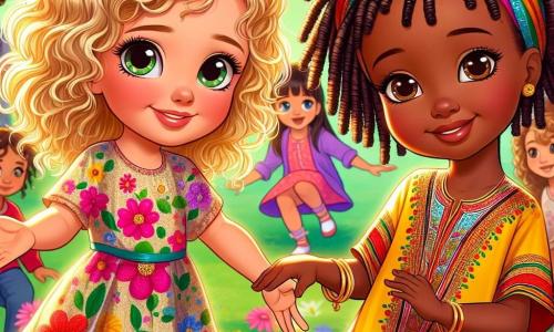 Uma menina de 6 anos, Sofia, com cabelos loiros e cacheados, grandes olhos cheios de curiosidade, está no centro da imagem, sorridente e cheia de energia. Ela veste um vestido colorido com flores e estende a mão para sua nova amiga. Ao lado dela, Amina, uma menina de 6 anos de origem maliana, com cabelos negros e crespos, usa uma túnica tradicional colorida. Ela sorri timidamente, com os olhos brilhando de excitação, enquanto segura um pequeno tambor nas mãos. O cenário é um parque ensolarado, cheio de árvores verdes e flores coloridas. Ao fundo, outras crianças brincam alegremente, criando uma atmosfera de festa e camaradagem. A cena principal mostra Sofia e Amina de mãos dadas, prontas para dançar juntas, celebrando sua amizade e a diversidade que as une, cercadas de risos e alegria.