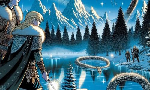 Brynhild, uma jovem com longos cabelos negros como ébano, está orgulhosamente à beira de um lago congelado, seu rosto expressando uma determinação brilhante. Ela usa uma armadura de couro adornada com runas prateadas e um manto de pele, enquanto empunha uma adaga cintilante, pronta para enfrentar o perigo. Ao seu lado, Erik, seu irmão de 16 anos, com cabelos loiros e olhos cheios de coragem, observa atentamente a superfície do lago, uma lança na mão, pronto para defender sua irmã. Freydis, sua melhor amiga de 15 anos, com cabelos ruivos e um arco de madeira esculpido nas mãos, está um pouco atrás, examinando os arredores com uma expressão concentrada. O cenário é uma paisagem nórdica encantadora, com montanhas de gelo brilhantes sob um céu estrelado e árvores cobertas de neve que parecem dançar ao vento. A cena é mágica, com uma leve névoa subindo do lago, adicionando uma atmosfera misteriosa. A situação principal mostra Brynhild, pronta para enfrentar a serpente Jörmungandr, que emerge das profundezas do lago, suas escamas brilhantes e olhos penetrantes fixos na jovem heroína.