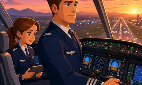 Een man (ongeveer 32) staat als piloot in de cockpit, geconcentreerd en kalm, met licht gefronsde wenkbrauwen, glanzende ogen, schoon donkerblauw uniform met zilveren vleugels op de borst, houdt het stuur vast met één hand en kijkt door de voorruit naar de landingsbaan; een vrouw (ongeveer 30) zit links als copiloot, bruine paardenstaart, zelfverzekerde glimlach, kijkt naar de instrumenten en houdt een tablet met het vluchtplan, iets achter en naast de piloot; de ruime, lichte cockpit heeft grijze leren stoelen, zwarte instrumentpanelen met gekleurde knoppen en heldere schermen, gouden zonsondergangreflecties op metalen oppervlakken; buiten is een lange verlichte landingsbaan te zien, een oranje-roze hemel met zachte wolken en bergsilhouetten aan de horizon; situatie: daling en voorbereiding op de landing, rustige professionele sfeer, zacht bewegingsgevoel, warme avondlicht, compositie gericht op gezichten en handen aan de bediening.