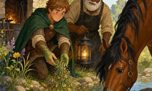Un joven caballero de unos treinta años con cotas de cuero marrón y capa verde, pelo castaño claro alborotado y rostro redondo y decidido, vierte hierbas de colores en el agua sonriendo, manos manchadas de polvo verde; junto a él, un herrero anciano de unos 60 años con barba blanca y delantal ennegrecido sostiene una linterna de hierro mirando el agua con esperanza; en primer plano a la derecha, un caballo alazán llamado Estrella de pelaje brillante y crin ondeante bebe el agua que empieza a brillar con una luz dorada; escenario: orilla rocosa junto a una vieja fragua de piedra, árboles y hierbas silvestres bajo un cielo azul pálido; el arroyo claro emite chispas doradas donde caen las plantas, momento mágico que devuelve vigor a los caballos, ambiente cálido, colores vivos y estilo gouache de trazos suaves y formas redondeadas.