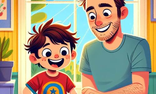 Un niño de 4 años, Lucas, con cabello castaño desordenado y una gran sonrisa, está sentado en una mesa de madera. Lleva una camiseta roja con un dibujo de superhéroe y un pantalón corto azul. Lucas está dibujando una tarjeta colorida para el Día del Padre, concentrado y feliz, con estrellas y dibujos divertidos en la hoja. A su lado, su papá, un hombre de unos 30 años con cabello castaño y una ligera barba, sonríe al mirar la tarjeta. Lleva una camiseta azul clara y jeans. Está de pie, con los brazos cruzados, admirando con orgullo el trabajo de su hijo. La escena tiene lugar en una cocina luminosa, con paredes amarillas y ventanas abiertas que dejan entrar la luz del sol. En la mesa hay lápices de colores esparcidos y un jarrón con flores frescas. Lucas, con una expresión de emoción en el rostro, muestra orgullosamente su tarjeta a su papá, quien ríe de buen corazón, creando un momento cálido y alegre entre ellos.