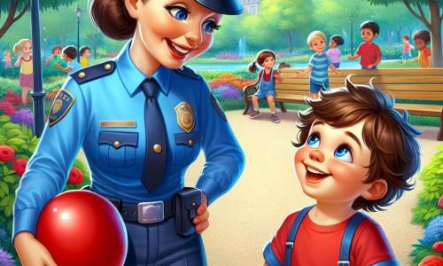 Eine lächelnde Polizistin, Frau Schmidt, steht im Mittelpunkt des Bildes. Sie trägt eine glänzende blaue Uniform mit einem kleinen Hut und einem Gürtel. Ihr Gesicht ist freundlich, mit strahlenden Augen, und sie spricht mit einem kleinen Jungen. Der etwa 6-jährige Junge hat zerzauste braune Haare und trägt ein rotes T-Shirt mit einer blauen Shorts. Er hält einen roten Ballon in den Händen und lächelt breit, während er die Polizistin bewundernd ansieht. Die Szene spielt sich in einem grünen Park ab, der mit majestätischen Bäumen und bunten Blumen gefüllt ist. Man sieht Holzbänke und Kinder, die in der Ferne spielen, was eine fröhliche und lebhafte Atmosphäre schafft. Frau Schmidt erklärt dem kleinen Jungen die Bedeutung von Sicherheit und Regeln, während sie sich in der Nähe eines Kiesweges befinden, umgeben von Lachen und Spielen.