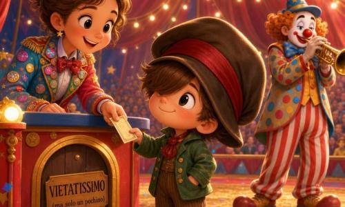 Bambino di 6 anni, capelli castani corti, cappello troppo grande che gli scende sugli occhi, espressione curiosa e un po' maliziosa, tiene un biglietto che ride e guarda una porticina con scritto VIETATISSIMO (ma solo un pochino). Dietro a sinistra una donna alla cassa, dall'aspetto giovane, giacca colorata coperta di bottoni lucenti, sorride porgendo il biglietto. Sullo sfondo a destra, un clown adulto uomo con trucco bianco, naso rosso tondo e costume a pois e righe suona una trombetta sulla pista. Interno di una grande tenda da circo rosso vivo e oro con stelle dorate dipinte, tende in velluto, pavimento di paglia e coriandoli rosa e blu sparsi. Il bambino esita tra guardare la pista luminosa e aprire la porticina proibita; atmosfera magica, colori saturi, luci calde, texture morbide e lucenti.