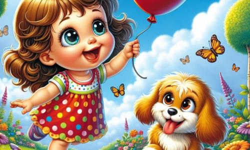 Una bambina di un anno, con grandi occhi brillanti e capelli ricci castani, sorride gioiosamente alzando le braccia verso un palloncino rosso che fluttua nel cielo. Indossa un vestito colorato a pois e piccole sandali, e il suo viso esprime grande eccitazione e curiosità. Accanto a lei, un adorabile cagnolino di nome Leo, di 3 anni, con pelo dorato e orecchie pendenti, abbaia felicemente guardando il palloncino. È seduto sull'erba verde, con le zampe anteriori sollevate, pronto a saltare. Il luogo è un giardino soleggiato, pieno di fiori multicolori, grandi alberi con foglie verdi e un cielo blu splendente. Farfalle volano intorno, aggiungendo un tocco di magia all'ambiente. La scena principale mostra Mia e Leo in piena avventura, cercando di afferrare il palloncino rosso che si alza nell'aria, mentre sono insieme, pronti a saltare per raggiungerlo.