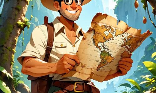 Un hombre, el explorador Tomás, se encuentra en el centro de la escena, con una gran sonrisa de emoción en su rostro. Lleva un sombrero de paja usado, una camisa de manga corta y un pantalón cargo, todos cubiertos de manchas de tierra. Sus ojos brillan de aventura mientras examina un mapa antiguo que sostiene en sus manos. A su derecha, la doctora Lucía, una mujer de unos 30 años, con gafas redondas y cabello castaño recogido en un moño, observa atentamente la jungla circundante, con un cuaderno de notas en la mano. Lleva una blusa ligera y un pantalón práctico, y su expresión es concentrada y curiosa. El decorado es una jungla exuberante, llena de árboles gigantes con troncos gruesos, hojas verdes brillantes y flores coloridas que parecen brillar bajo el sol. Al fondo, se ve una colina cubierta de flores luminosas y una cueva oscura de donde emana una luz misteriosa. La situación principal muestra a Tomás y Lucía de pie en la entrada de la jungla, discutiendo los diferentes caminos a seguir, cada uno conduciendo a una aventura diferente, mientras aves exóticas vuelan sobre ellos, añadiendo un toque de magia a la atmósfera.