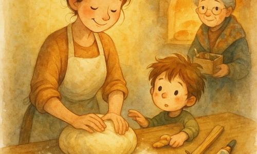 Una panadera sonriente con el cabello recogido en moño y delantal claro con harina amasa una gran bola de masa mientras un niño de unos 5 años, con el rostro algo enharinado, de pie en un taburete a la izquierda, intenta tocarla; la abuela, con cabello cano y pañuelo colorido, sostiene una caja de herramientas y observa desde el fondo junto al horno abierto con panes dorados y luz cálida; sobre la mesa de madera gastada hay harina espolvoreada, una espátula de madera rajada sujeta con cuerda y pinzas y un tubo pequeño de cola para madera; ambiente de mañana, tonos cálidos y pequeñas salpicaduras de acuarela que sugieren movimiento; escena de compartir: la panadera repara la espátula mientras el niño forma un pequeño pan torcido y la abuela asiste con calma.
