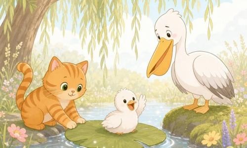 A warm orange tabby named Marmalade sits on its haunches, gently pushing a large water-lily leaf toward the bank; nearby on the right a grateful white pelican named Percy watches, while a joyful fluffy white pelican chick named Pip waves its wing from the floating leaf, set in a bright riverside clearing with emerald mossy stones, pastel wildflowers and a drooping willow, a tender calm rescue scene with soft light, affectionate expressions and a simple kawaii-inspired composition.