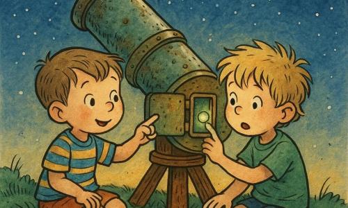 Two boys of about five sit on Starberry Hill’s soft, tufted grass with small white flowers beside an old patinated metal telescope on a wooden base: Milo, with short brown hair and a round face, sits left in a blue-and-yellow striped T‑shirt, pointing at the telescope’s small open side panel; Jasper, with tousled blond hair in a green T‑shirt, sits right holding Milo’s hand and gazing in wonder at a small, warm, pulsing green button revealed inside; the deep evening sky is dark blue with silver stars, one star blinks in a pattern (blink… pause… blink) as if answering the button, the air smells sweet like warm cookies, and the scene glows with a soft, friendly light.