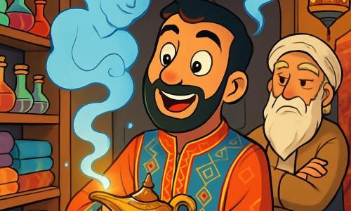 A middle-aged man named Omar stands in the center of his small shop, his face glowing with curiosity and kindness. He has a neatly trimmed beard, wise sparkling eyes, and wears a colorful tunic adorned with Arab patterns. He rubs an old metal lamp, a look of wonder on his lips. Next to him is an old sage, the man who gifted him the lamp. Around 70 years old, he has a long white beard and deep wrinkles that tell stories of travels. He watches Omar with an approving gaze, arms crossed in a corner of the shop. The store is filled with treasures: wooden shelves laden with colorful potions, shimmering fabrics, and intricately patterned carpets. The soft light from the lanterns creates a warm and magical atmosphere, illuminating the sparkling objects. The main scene shows Omar rubbing the lamp, a wisp of smoke rising and taking the shape of a genie, ready to grant his wishes. The air is filled with excitement and mystery, while the vibrant colors and enchanting details immerse the viewer in a world of tales from the Arabian Nights.
