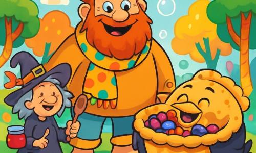 A cheerful giant named Bumble, with a fluffy beard and twinkling eyes full of mischief, stands in the center of the image. He wears a teapot-shaped hat and a polka-dotted scarf, and his huge feet leave wiggly footprints in the grass. Next to him, a giant, round, laughing magpie, with a golden crust and colorful berries wiggling, seems ready to tell jokes. 

A secondary character, Witch Wanda, an elderly woman around 60, with messy gray hair and a swirling ribbon hat, is to his left. She smiles while holding a wooden spoon, surrounded by dancing jars of jam. 

The setting is Giggleberry Forest, with multicolored tree trunks, singing flowers, and a blue sky dotted with candy-shaped clouds. In the distance, a sparkling lake reflects the laughter of the surrounding creatures. 

The main scene shows Bumble and Wanda preparing a giant berry pie bursting with bright colors, while bubbles of laughter float around them, creating a joyful and magical atmosphere.
