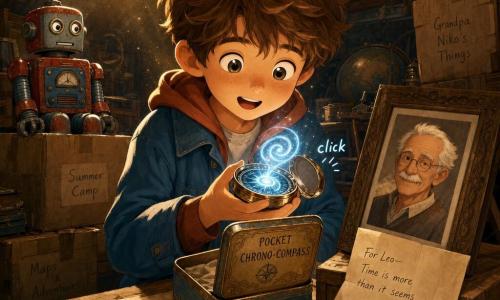 An 8-year-old boy, Leo, with tousled brown hair and wide bright eyes, wearing a jacket with oversized pockets, holds a small round compass emitting a blue-silver spiral glow that clicks softly; behind him on a crate sits a framed portrait of Grandpa Niko (about 70, white hair, thin mustache) with a folded letter nearby, and a worn red-and-blue tin toy robot rests on boxes to the left as if watching; the warm, dusty attic with wooden beams, golden skylight and scattered boxes and maps frames the moment as Leo discovers the Pocket Chrono-Compass in a small tin box, its light lighting his amazed face and creating a magical, slightly mysterious atmosphere.