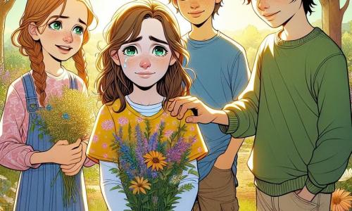 In een zonnige open plek staan vier kinderen samen, wat een moment van tederheid en herinnering creëert. Lotte, een 10-jarig meisje met lange bruine haren en heldere groene ogen, staat in het midden met tranen in haar ogen maar een lichte glimlach op haar gezicht. Ze draagt een gele bloemenjurk, die vreugde en hoop symboliseert. Jesse, een 11-jarige jongen met rommelig kastanjebruin haar en een bril, staat rechts van haar en legt een troostende hand op haar schouder. Hij draagt een blauwe t-shirt en een short, met een zachte en begripvolle uitdrukking. Anouk, een 10-jarig meisje met vlechten en sprankelende ogen, staat links van Lotte en houdt een boeket wilde bloemen vast dat ze heeft geplukt. Ze draagt een roze blouse en een spijkerbroek, wat haar vriendelijkheid en steun toont. Bram, een 11-jarige jongen met zwart haar en sproeten, staat iets naar achteren en kijkt beschermend naar de scène. Hij is gekleed in een groene sweatshirt en beige broek, wat loyaliteit en vriendschap uitstraalt. Hun omgeving is een weelderig bos met majestueuze bomen en stralen zonlicht die door de takken filteren, wat een vredige en troostende sfeer creëert. In het midden van de open plek staat een klein monument van stenen en bloemen, dat hun eerbetoon aan de verloren vriend symboliseert. De kinderen houden elkaars hand vast en vormen een cirkel rond het monument, verenigd in hun herinnering en liefde, terwijl een lichte bries de bladeren laat dansen, alsof de natuur zelf deelneemt aan hun moment van herdenking.