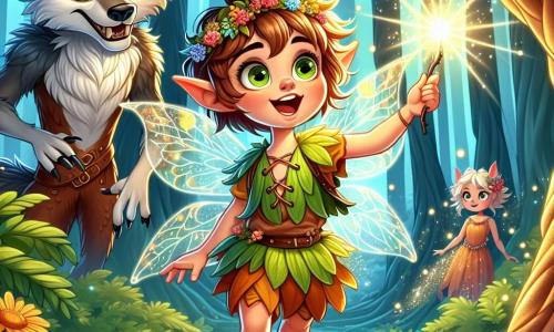 In the center of the image, Willow, a mischievous little fairy, is depicted with shimmering hair like dewdrops and eyes sparkling with curiosity. She wears a tunic made of colorful petals and holds a glowing feather in her hand, her face radiating excitement and determination. To her left, the Big Bad Wolf, a large wolf with golden eyes and dark fur, stands on a branch of a gnarled tree. His expression is both sly and amused as he watches Willow with a smirk, as if ready to help or tease her. In the background, the enchanted forest stretches out, with majestic trees and vibrant green leaves. Sunbeams pierce through the foliage, creating flashes of light in the cool, mysterious air. The main scene shows Willow, full of courage, stepping into the heart of the forest, while the wolf, intrigued, watches her with a glint of mischief in his eyes, ready to accompany her on her adventure.
