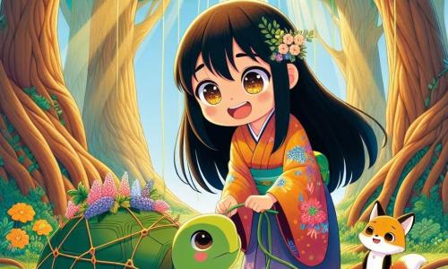 En el centro de la imagen, Yuki, una joven japonesa de unos 12 años, con largos cabellos negros brillantes y ojos llenos de curiosidad, sonríe con entusiasmo. Lleva un kimono colorido adornado con motivos florales y está liberando a una gran tortuga, Taro, que está atrapada en una red de lianas. Taro, una tortuga sabia con un caparazón verde y ojos dulces, mira a Yuki con gratitud, situada justo a sus pies. Al lado de ellos, Kitsu, un pequeño zorro dorado, observa la escena con un aire orgulloso, su cola ondeando alegremente. El entorno es un hermoso bosque encantado, con árboles majestuosos, flores coloridas que bailan con la brisa suave y rayos de sol que se filtran a través del follaje, creando una atmósfera mágica. La escena principal muestra a Yuki, llena de determinación, deshaciendo las lianas que retienen a Taro, simbolizando el coraje y la bondad, mientras Kitsu anima a Yuki con una mirada admirativa, listo para ayudarla en esta aventura.