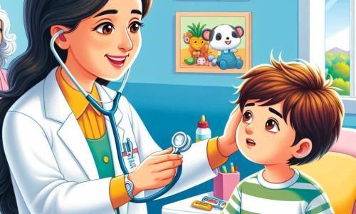 O femeie doctor, pe nume Ana, este în centrul imaginii, purtând un halat alb strălucitor și un stetoscop în jurul gâtului. Are un zâmbet cald și ochi strălucitori, arătându-și determinarea de a ajuta pe alții. Ana îi ia temperatura unui băiețel de aproximativ 6 ani, cu părul brun și un chip îngrijorat, așezat pe o masă de examinare. Lângă ei, o mamă de aproximativ 30 de ani, cu părul lung și creț, privește cu o expresie de ușurare și speranță. Ea îi ține mâna fiului său, oferindu-i confort. Scena se desfășoară într-un cabinet medical luminos și primitor, cu afișe colorate pe pereți care reprezintă animale și fructe, și jucării împrăștiate pe o etajeră. O fereastră lasă să pătrundă lumina soarelui, creând o atmosferă caldă. Situația principală o arată pe Ana liniștind băiețelul, vorbindu-i blând în timp ce are grijă de el, ilustrând importanța compasiunii și empatiei în meseria de medic.