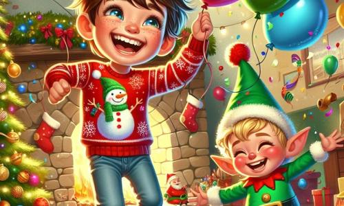 Um menino de 6 anos, Lucas, com cabelos castanhos bagunçados e olhos brilhantes de alegria, ri alto enquanto corre atrás de balões coloridos que flutuam no ar. Ele veste um suéter vermelho com um boneco de neve e uma calça jeans. Ao seu lado, um duende travesso, pequeno e brincalhão, com uma barba branca e um grande sorriso, usa um traje verde vibrante adornado com sinos que tilintam a cada movimento. O duende faz piruetas enquanto lança confetes brilhantes ao seu redor. A cena ocorre em uma sala aconchegante decorada para o Natal, com uma grande lareira de pedra, luzes cintilantes e uma árvore de Natal cheia de bolas coloridas e guirlandas douradas. Meias de Natal estão penduradas acima da lareira, e um doce aroma de biscoitos paira no ar. Lucas e o duende se divertem juntos, cercados por balões flutuantes e risadas, enquanto o duende transforma objetos de Natal em fantoches dançantes, criando uma atmosfera mágica e alegre.