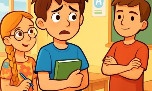 Un băiat de 12 ani, Andrei, cu părul brun zbârlit și ochi plini de curiozitate, stă în centrul scenei. Fața lui exprimă o ușoară anxietate, cu sprâncenele încruntate și gura ușor deschisă, ca și cum ar ezita să spună ceva important. Poartă un tricou albastru aprins și o pereche de blugi lejeri, ținând un caiet sub braț. Lângă el, colega sa Maria, o fată de 11 ani cu părul lung blond împletit și ochelari rotunzi, îl privește pe Andrei cu un zâmbet încurajator. Ea poartă o rochie colorată cu flori și ține un pix în mână, pregătită să-l ajute. Un pic mai departe, Alex, un băiat de 12 ani cu părul șaten și un tricou roșu, își încrucișează brațele, afișând o expresie de susținere, ascultând cu atenție. Scena se desfășoară într-o sală de clasă luminoasă, cu pereți vopsiți în galben deschis, postere educaționale agățate și birouri din lemn bine aranjate. Lumina soarelui filtrează prin feronerie mari, iluminând spațiul. Andrei se pregătește să mărturisească că nu a făcut temele, o decizie dificilă care îl face nervos. Atmosfera este plină de anticipație, în timp ce prietenii săi îl încurajează să fie sincer în fața învățătoarei lor.