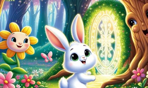 Un piccolo coniglio di nome Beppe, con pelliccia bianca e grandi orecchie, mostra un'espressione di curiosità ed eccitazione mentre si trova davanti a un portale magico luminoso, circondato da fiori colorati. Accanto a lui, un albero sorridente con un volto amichevole, dalle foglie verdi brillanti, osserva Beppe con benevolenza, mentre un piccolo fiore danzante, con petali rosa e gialli, lo incoraggia con un sorriso gioioso. Il luogo è un magnifico boschetto incantato, pieno di fiori multicolori, alberi maestosi dai tronchi nodosi, e una luce soffusa che filtra tra le foglie, creando un'atmosfera magica. La scena principale mostra Beppe, il coniglio, pronto a saltare attraverso il portale luminoso, con uno sguardo determinato, pronto a vivere una grande avventura in un mondo fantastico.