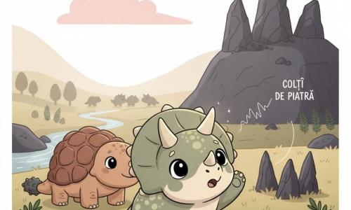 Un triceratops tânăr numit Corno, față rotundă și ochi strălucitori, expresie curioasă și uimită, coarne netede și corn central ușor mai luminos cu o scânteie aurie, piele textură moale în pasteluri (salvie și crem), cap înclinat și o labă ridicată; în spate, stânga, un ankilozaur cu contururi rotunjite și carapace cărămizie, privire blândă, coadă în formă de maciucă sprijinită pe sol; în depărtare siluete difuze de dinozauri și o mică haită lângă un drum. Decor: o vale deschisă cu ferigi înalte, pini sculptați, o colină de bazalt în dreptul denumită „Colții de Piatră” — trei stânci ascuțite, un pârâu argintiu șerpuind la stânga și un cer de dimineață palid cu un nor mare roz. Scena: Corno în prim-plan, privind cele trei poteci spre pădure, râu sau stânci; o notă muzicală subțire se ridică dinspre Colții de Piatră; atmosferă luminoasă, blândă și misterioasă, paletă pastel, compoziție curată, contururi clare și detalii reduse pentru un stil kawaii minimal.