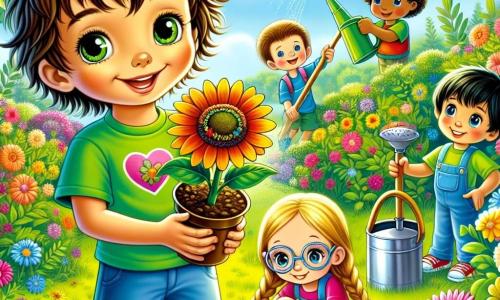 Un băiat de 6 ani, pe nume Alex, cu părul castaniu și ochii strălucind de curiozitate, stă în centrul imaginii, zâmbind larg în timp ce plantează o floare colorată în pământ. Poartă un tricou verde aprins și o pereche de pantaloni scurți albaștri, iar expresia lui este plină de bucurie și entuziasm. Lângă el, cea mai bună prietenă Maria, o fetiță de 6 ani cu părul lung blond împletit și ochelari rotunzi, ține o mică lopată și îl privește pe Alex cu admirație, pregătită să-l ajute. Mai departe, David, un băiat de 6 ani cu părul negru și o șapcă roșie, udă florile cu o mică udătură, în timp ce Andrei, un alt băiat de 6 ani cu părul castaniu, se apleacă pentru a admira o albină care polenizează una dintre flori. Scena are loc într-un parc însorit, plin de verdeață strălucitoare, flori colorate și copaci măreți. Cerul este de un albastru strălucitor, presărat cu câteva nori albi pufoși, iar păsările zboară vesel deasupra. Situația principală arată cum Alex și prietenii săi plantează flori pentru a ajuta natura, înconjurați de râsete și bună dispoziție, ilustrând importanța îngrijirii mediului și conștientizării altora cu privire la protecția planetei.