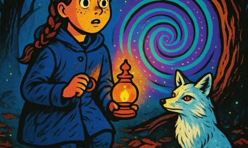 A 12-year-old girl with a round freckled face and chestnut braided hair, wide amazed eyes though her mouth is tight with fear, holds a small oil lamp casting yellow-copper light on her face; she wears a crumpled navy coat and muddy boots, standing before a swirling portal beneath the roots of an old oak. A white fox with amber eyes and silvery luminous fur stands protectively beside her, muzzle raised and bushy tail, appearing to whisper. The misty clearing has a rust-brown leaf-covered floor, gnarled branches and black bark, and small green fireflies around the iridescent portal. She is about to cross a vortex glittering in violet and turquoise spirals as mist swirls and long tree shadows form menacing shapes; the mood is mysterious, slightly frightening, with high contrast and saturated colors.