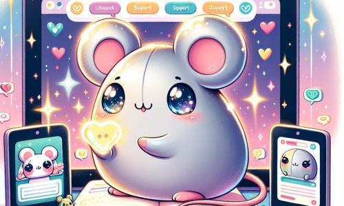Un pequeño ratón de computadora, con un cuerpo plateado y ojos brillantes, se encuentra en el centro de la imagen, mostrando una expresión decidida y confiada. Está rodeado de colores vivos y símbolos digitales, como estrellas y corazones, mientras extiende una pata hacia una pantalla brillante. A su derecha, una tableta de colores pastel, con un rostro amigable y ojos tristes, mira al ratón con esperanza. Tiene aplicaciones coloridas en su pantalla y bordes ligeramente redondeados, dándole un aspecto suave y acogedor. En el fondo, un centro de apoyo digital está representado por un gran libro electrónico abierto, con páginas brillantes e ilustraciones de dispositivos amigables. Luces cálidas iluminan la escena, creando una atmósfera reconfortante y segura. La situación principal muestra al ratón de computadora animando a la tableta a compartir su historia de acoso, mientras un grupo de pequeños dispositivos electrónicos los escucha atentamente, listos para aprender y apoyar a sus amigos.
