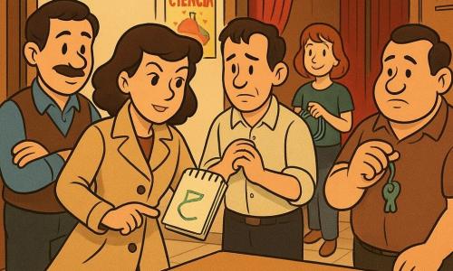 Una detective llamada Inés, unos 40 años, expresión decidida y suave, ojos penetrantes, abrigo beige suelto, cuaderno abierto mostrando un pequeño hilo verde sobre un papel, postura confiada y mirada hacia la mesa; Mateo, unos 40, rostro cansado pero aliviado, brazos cruzados a la izquierda de Inés mirando con gratitud; Óscar, director de unos 45, nervioso y avergonzado, manos temblorosas, semiformal detrás de la mesa con la mirada baja; Clara, unos 50, con bufanda verde, arrepentida, a la derecha de Inés tirando de la bufanda para mostrar el hilo suelto; Paula, monitora joven de unos 25, sonriendo tímidamente y sosteniendo cables junto al escenario en segundo plano; Sergio, conserje robusto de unos 50, manos callosas, sujetando un llavero con un pez azul cerca del armario abierto; lugar: interior de un centro cultural, pasillo estrecho con cámara mural cuadrada, armario empotrado con puerta rayada y gancho metálico, suelo de baldosa beige, cartel colorido "Feria de Ciencia" en la pared y cortinas rojas del salón de actos al fondo; situación: confrontación calma pero tensa, la detective muestra la prueba (un hilo verde y un trozo de cinta adhesiva) sobre la mesa, los personajes en semicírculo con expresiones de vergüenza, alivio y remordimiento, luz cálida de tarde, composición centrada en Inés y la pequeña prueba verde.