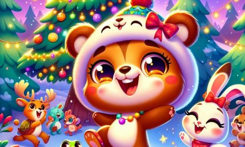 Un piccolo orso bruno, di nome Bruno, con un pelliccia morbida e occhi scintillanti di gioia, balla felicemente sotto un grande albero decorato con luci scintillanti e ghirlande colorate. Ha un grande sorriso sul volto e indossa un buffo cappello con orecchie giganti. Accanto a lui, una piccola coniglietta bianca, Lella, con grandi orecchie e un fiocco rosso sulla testa, salta di gioia, i suoi occhi brillano di eccitazione. Tiene un piccolo pezzo di carta con dei desideri scritti sopra e sorride ampiamente. Sullo sfondo, un gruppo di animali della foresta, come una tartaruga verde con un guscio lucente e un riccio arancione, si divertono a ballare e ridere insieme, creando un'atmosfera festosa e calorosa. La scena si svolge in una foresta innevata, con fiocchi di neve che cadono dolcemente e un cielo stellato che illumina il paesaggio. Gli animali sono riuniti attorno all'albero, celebrando gioiosamente il Capodanno con risate e passi di danza divertenti.