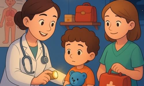La doctora Luna, sonriente y amable, de unos 35 años, cabello castaño recogido en moño, bata blanca suave como una manta y estetoscopio metálico brillante en forma de caracol, sostiene una pequeña linterna que proyecta un haz dorado; un niño de 6 años, de cabello rizado, curioso pero algo tímido, sentado en la camilla de peluche abraza un osito azul y mira a la doctora; una enfermera de unos 28 años, piel clara y uniforme verde, sostiene un botiquín rojo grande y está lista para ayudar; en una estantería se ven una mochila roja, una caja de vacunas con etiqueta de sol amarillo y una carta con membrete escolar; la consulta es pequeña y cálida, paredes azul noche pastel, póster del cuerpo humano a colores, ventana redonda con cielo estrellado, lámpara colgante en forma de nube y texturas suaves y redondeadas; la doctora ilumina suavemente el pecho del niño como una pequeña estrella, habla con calma y lo tranquiliza en una atmósfera tierna y segura, colores cálidos y contrastes suaves.