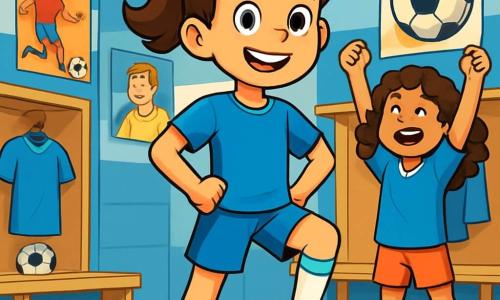 Una joven, Paula, está en el centro de la imagen, con una gran sonrisa decidida en su rostro. Lleva un uniforme de fútbol azul brillante, con calcetas blancas y zapatillas deportivas brillantes. Su cabello castaño está recogido en una coleta alta y sus ojos brillan de emoción. A su derecha, Lucía, su mejor amiga de unos 12 años, tiene el cabello rizado y lleva una camiseta del equipo. Ella hace gestos entusiastas, animando a Paula con los brazos levantados. Al fondo, el vestuario está lleno de carteles de futbolistas famosos y balones de fútbol. Las paredes están pintadas de azul y blanco, y hay taquillas de madera a los lados. La situación principal muestra a Paula preparándose para el partido decisivo, rodeada de sus compañeras, todas llenas de energía y entusiasmo, listas para entrar al campo.