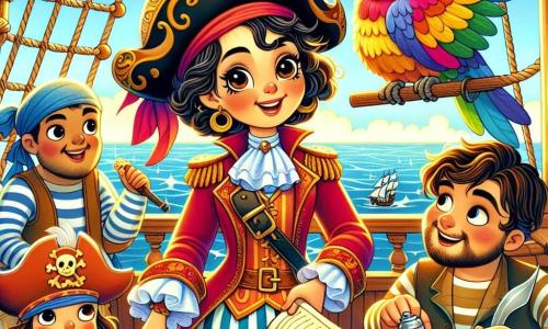 La Capitana Rosa, una donna di circa cinquant'anni, si erge orgogliosa sul ponte della sua vecchia nave, con un sorriso determinato e occhi brillanti di avventura. Indossa un cappello da pirata adornato con una grande piuma colorata e una giacca rossa, mentre una lunga sciarpa fluttua al vento. Accanto a lei, il pappagallo Ciuffo, un uccello dalle piume verdi e gialle, si posa sulla sua spalla, guardando intorno con curiosità. Più lontano, il marinaio Leo, un giovane di circa 25 anni, con capelli castani e una leggera barba, esamina una mappa del tesoro, concentrato su un tavolo di legno. La cuoca Mimi, una donna gioiosa di quarant'anni, con un grembiule a righe e un chignon, prepara biscotti sul ponte, aggiungendo un tocco di dolcezza all'avventura. La nave naviga su un mare turchese, con onde scintillanti sotto il sole e isole verdi all'orizzonte. In lontananza, un cielo azzurro chiaro è punteggiato di nuvole bianche e soffici. La scena principale mostra la Capitana Rosa, pronta a partire alla ricerca del tesoro rubato, circondata dai suoi amici, tutti impazienti di vivere una nuova avventura insieme.