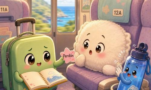 Una pequeña maleta verde con ruedas, expresiva y redonda, ojos grandes y sonrisa dulce, algo nerviosa luego tranquila, extiende una minúscula pegatina rosa con la palabra Perdón hacia el asiento; una almohada blanca y mullida en forma de cojín redondo, antes dormida ahora sorprendida, ojos en media luna, se incorpora suavemente del asiento 12A junto a la maleta; una botella reutilizable azul, brillante y contenta en el portavasos, hace un clic con la tapa como un aplauso discreto; una libreta de tapas amarillas abierta con un pequeño dibujo de ola y palabras, sobre el regazo imaginario de la maleta; interior de un vagón de tren acogedor y luminoso con asientos numerados en tela pastel, pequeñas estrellas luminosas sobre las cabezas y una puerta acristalada que muestra colinas borrosas y mar azul; escena de un momento cálido y tranquilo de perdón y aceptación, intercambio tierno, colores pastel y texturas suaves, composición clara y centrada para niños.