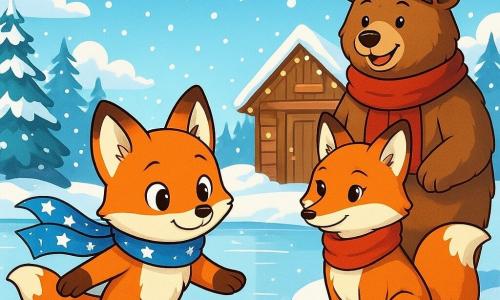 Ein junger, leuchtend orangefarbener Fuchs mit neugierigen Augen und einem schüchternen Lächeln steht auf einer Freiluft-Eislaufbahn, seine Pfoten gleiten sanft über das glatte Eis. Er trägt einen blauen Schal mit weißen Sternen, der leicht hinter ihm weht. In der Nähe beobachtet eine Mama-Füchsin mit weichem, seidig glänzendem Fell, einem wohlwollenden und stolzen Blick, ihr Kleines mit einem warmen Lächeln. Sie trägt einen roten Schal, der im Kontrast zum weißen Landschaftsbild steht. Hinter ihnen steht ein großer Braunbär mit dickem Fell und einem Wollhut nahe einer Holzhütte, die mit Lichtern dekoriert ist, und hält eine Tasse heißen Kakao. Sein Gesichtsausdruck ist fröhlich und einladend. Der Ort ist ein wunderschöner gefrorener See, umgeben von schneebedeckten Tannen, unter einem klaren blauen Himmel mit flauschigen Wolken. Sanfte Schneeflocken fallen und verleihen der Szene einen magischen Touch. Die Hauptsituation zeigt den jungen Fuchs, der das Schlittschuhlaufen lernt, zögernd aber entschlossen, während seine Mutter ihn ermutigt und der Bär sich darauf vorbereitet, heiße Getränke nach einem Tag voller Winterabenteuer anzubieten.
