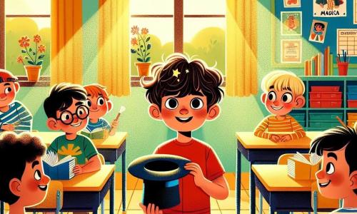 En un aula colorida, vemos a tres chicos. Pablo, un niño de nueve años con cabello castaño desordenado y una gran sonrisa, está en el centro, vestido con una camiseta roja y pantalones azules, sosteniendo un sombrero de mago en una mano. A su derecha, Luis, un niño de nueve años con gafas redondas y cabello negro, lleva una camisa a rayas y sostiene un libro abierto, mirando a Pablo con admiración. A la izquierda, Andrés, un niño de nueve años con cabello rubio y una prótesis en la pierna, viste una camiseta verde y sonríe alegremente, listo para aplaudir a su amigo. El aula está llena de colores vivos: paredes pintadas de amarillo y azul, carteles educativos colgados y escritorios de madera bien organizados. La luz del sol entra por la ventana, creando una atmósfera alegre y acogedora. La escena principal muestra a Pablo a punto de realizar un truco de magia, con una expresión decidida, mientras sus amigos lo animan. La emoción es palpable, y se pueden ver estrellas en los ojos de Pablo, listo para asombrar a su público.