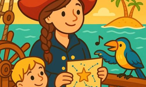 A smiling, kind female pirate with a wide red hat and braided brown hair, fair skin, wearing a navy coat with gold buttons, holds a small star map and looks to the horizon; a small blue-and-yellow seabird with a long beak perches on the railing to her right, pointing at the map and singing; a curious blond boy of about 10 stands by the wheel to her left holding a rope; warm wooden small boat with visible planks and pulleys, calm turquoise sea with gentle pearly waves, tiny island with golden sand and leaning palms in the orange sunset sky; main scene: pirate shows the map to her crew, soft reassuring mood, clear simple composition, bright contrasting colors, rounded shapes, clean outlines, vector style for toddlers.