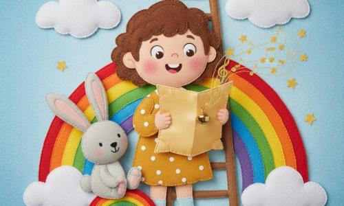 O fetiță de 2 ani, cu fața rotundă și obraji roz, păr scurt brunet și creț, privire uimită și zâmbet larg, poartă o rochiță mustar cu buline albe, șosete bleu și ține o carte strălucitoare din fetru în formă de pergament auriu cu un clopoțel lipit, care emite note desenate în spirală și stele cusute și plutește ușor în fața ei; lângă ea, în stânga, stă un iepuraș de pluș gri deschis cu ochi cusuti negri și urechi lungi, cu o labuță pe un desen de curcubeu; fundalul e un cer din fetru degradé bleu pastel cu un mare curcubeu în benzi vii care formează o scară, nori pufoși albi și mici stele aurii cusute; scena o arată pe fetiță descoperind cartea cântătoare și arătând către scara-curcubeu, compoziție centrată, culori calde și contrastante, texturi de fetru și cusătură vizibile, stil blând și simplu, potrivit pentru cei mici.