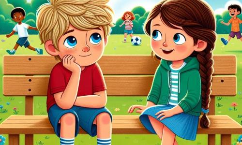 Ein 9-jähriger Junge, Max, mit zerzausten blonden Haaren und strahlend blauen Augen sitzt nachdenklich und ein wenig traurig auf einer Bank im Park. Er trägt ein rotes T-Shirt und eine blaue Shorts und hat einen Fußball zu seinen Füßen. Neben ihm sitzt ein 9-jähriges Mädchen, Lila, mit langen geflochtenen braunen Haaren und einem warmen Lächeln, das ihm freundlich zuspricht, ihre Augen voller Verständnis. Im Hintergrund spielt ein anderer Junge, Tom, mit einem grünen Hoodie und Brille, mit anderen Kindern Fußball, lacht und rennt fröhlich. Der Park ist grün, mit blätternden Bäumen, bunten Blumen und einem hellblauen Himmel, was eine friedliche und einladende Atmosphäre schafft. Die Hauptsituation zeigt, wie Max seine Traurigkeit mit Lila teilt und in einem schwierigen Moment Trost und Freundschaft sucht.