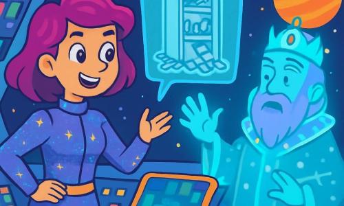 Sirina, o femeie cu părul violet strălucitor și ochi plini de curiozitate, stă pe puntea navei sale spațiale, Veverița Cosmică. Ea poartă o combinație futuristă strălucitoare, decorată cu motive de stele, iar fața ei exprimă o determinare veselă în timp ce analizează ecranul holografic din fața ei. Alături de ea, hologramul Împăratului Maximalus XIII, un bărbat în vârstă cu barbă mov și o robă regală iluminată, gesticulează cu urgență, încercând să transmită gravitatea situației. Locul este un cockpit spațios și colorat, plin de butoane luminoase și panouri de control flotante, cu feronerie panoramică ce oferă o priveliște spectaculoasă asupra unui ocean de stele strălucitoare și planete colorate. Sirina se pregătește pentru o călătorie intergalactică, hotărâtă să găsească Cristalul Logico-Magico, în timp ce Împăratul îi explică gravitatea amenințării care planează asupra universului, cu imagini de dulapuri haotice sub greutatea șosetelor desperecheate proiectate pe ecran.