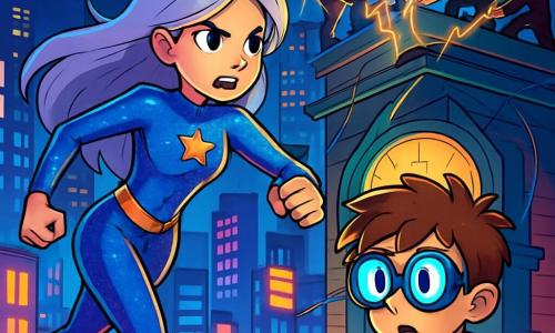Nova Sparks, a heroic young woman with long silver hair, wears a shimmering costume that reflects the city lights. Her expression is determined and brave as she stands on a rooftop, ready to defend Neon City. Beside her, Techno Tim, a boy with futuristic glasses and messy hair, watches closely with a worried look, holding a small electronic device. The setting is a vibrant urban panorama, with illuminated skyscrapers, colorful billboards, and flying cars zipping through the night sky. The scene takes place atop an old glass clock, where sparkling electric wires surround them. The main situation shows Nova chasing mischievous characters, the Pranksters, who are busy manipulating the energy knots of the tower. The atmosphere is tense yet dynamic, with bursts of energy and shadows cast on the walls of nearby buildings.
