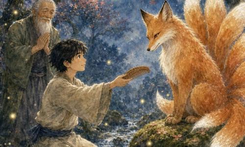 A gentle, smiling man named Hiroshi with tousled black hair, wearing a simple cream kimono and indigo sash, kneels on moss and offers a finely carved wooden comb to a large nine-tailed kitsune—an amber-eyed, copper-orange fox with golden highlights and white-tipped tails—sitting on a mossy stone; a kindly elderly forest guardian with a long white beard and weathered green robe stands by a small sparkling stream in the moonlit clearing strewn with red and pink cherry leaves and drifting fireflies, the silver moonlight illuminating faces and creating a peaceful, magical watercolor-like atmosphere.