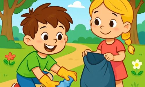A 6-year-old boy, Tommy, with messy brown hair and a big joyful smile, is wearing a bright green t-shirt and blue shorts. He is crouching down, picking up a plastic waste with a gloved hand, his face beaming with enthusiasm and pride. Next to him, a 6-year-old girl, Lily, with braided blonde hair and a pink dress, holds a trash bag and smiles at Tommy, ready to help. In the background, the park is lush with majestic trees, colorful flowers, and a bright blue sky, though some litter still lies on the ground. The scene shows Tommy and Lily cleaning the park, transforming a dirty place into a clean and welcoming space, filled with laughter and friendship.